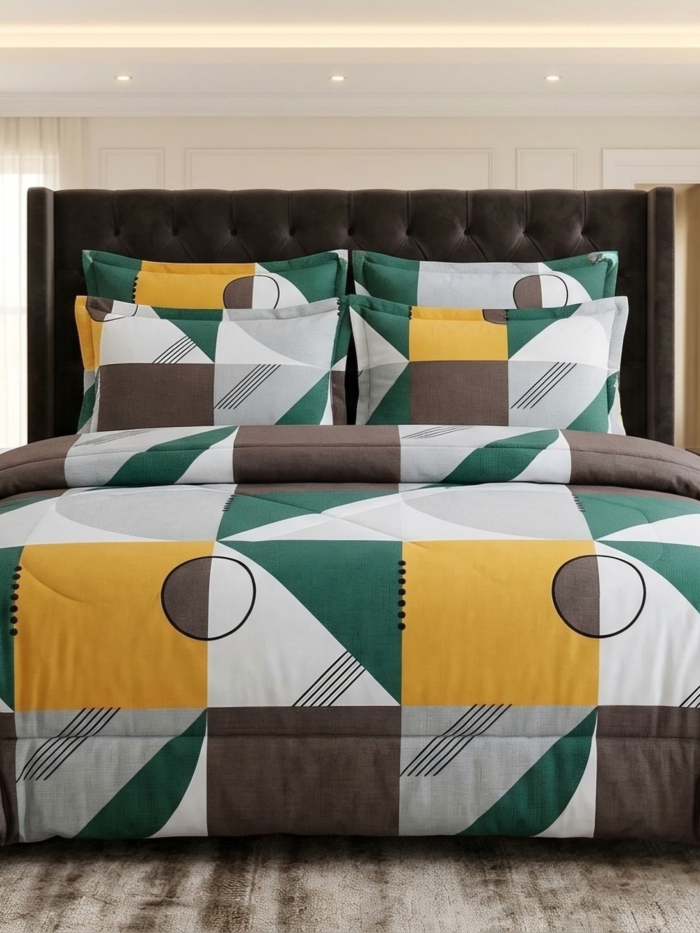 Modern Geometric Comforter Duvet 6ps Set in Green, Mustard & White